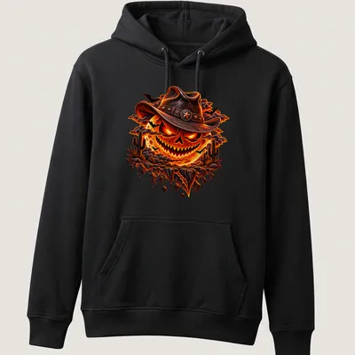 Detailed graphic of a cowboy pumpkin skull with Halloween text in vivid colors — printed on a unisex hoodie