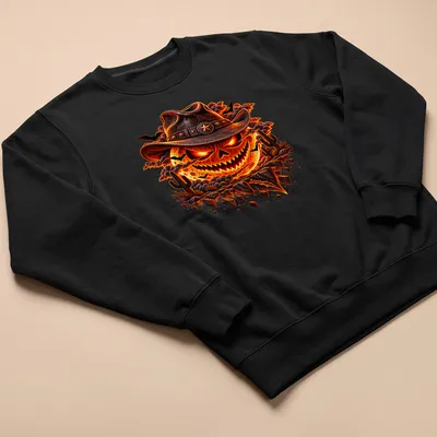 Detailed graphic of a cowboy pumpkin skull with Halloween text in vivid colors — printed on a unisex sweatshirt