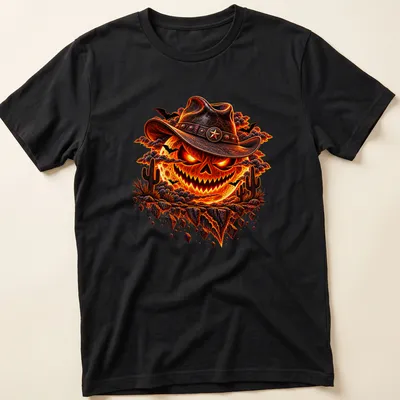 Detailed graphic of a cowboy pumpkin skull with Halloween text in vivid colors