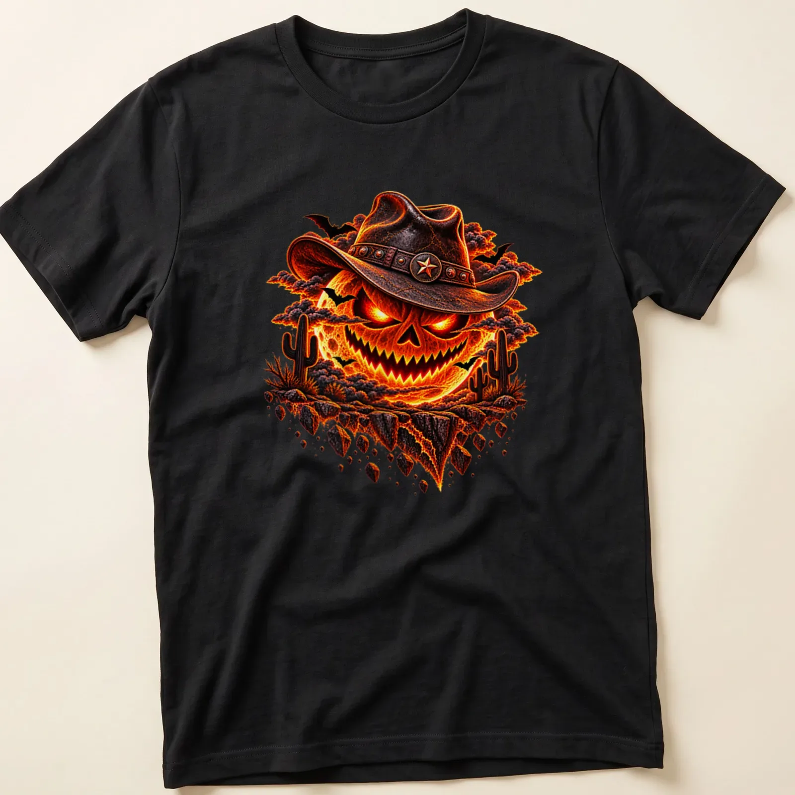 Detailed graphic of a cowboy pumpkin skull with Halloween text in vivid colors — printed on a unisex t-shirt