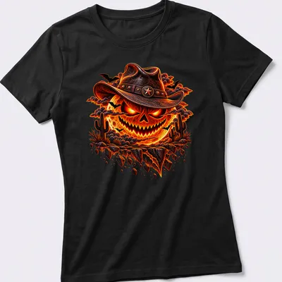 Detailed graphic of a cowboy pumpkin skull with Halloween text in vivid colors — printed on a women's shirt