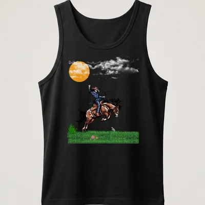 Vibrant illustration of a cowboy riding a horse at sunset with printed text 'Fight Or Flight' — printed on a tank top