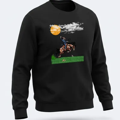 Vibrant illustration of a cowboy riding a horse at sunset with printed text 'Fight Or Flight' — printed on a unisex sweatshirt
