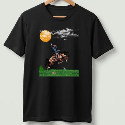 Vibrant illustration of a cowboy riding a horse at sunset with printed text 'Fight Or Flight'