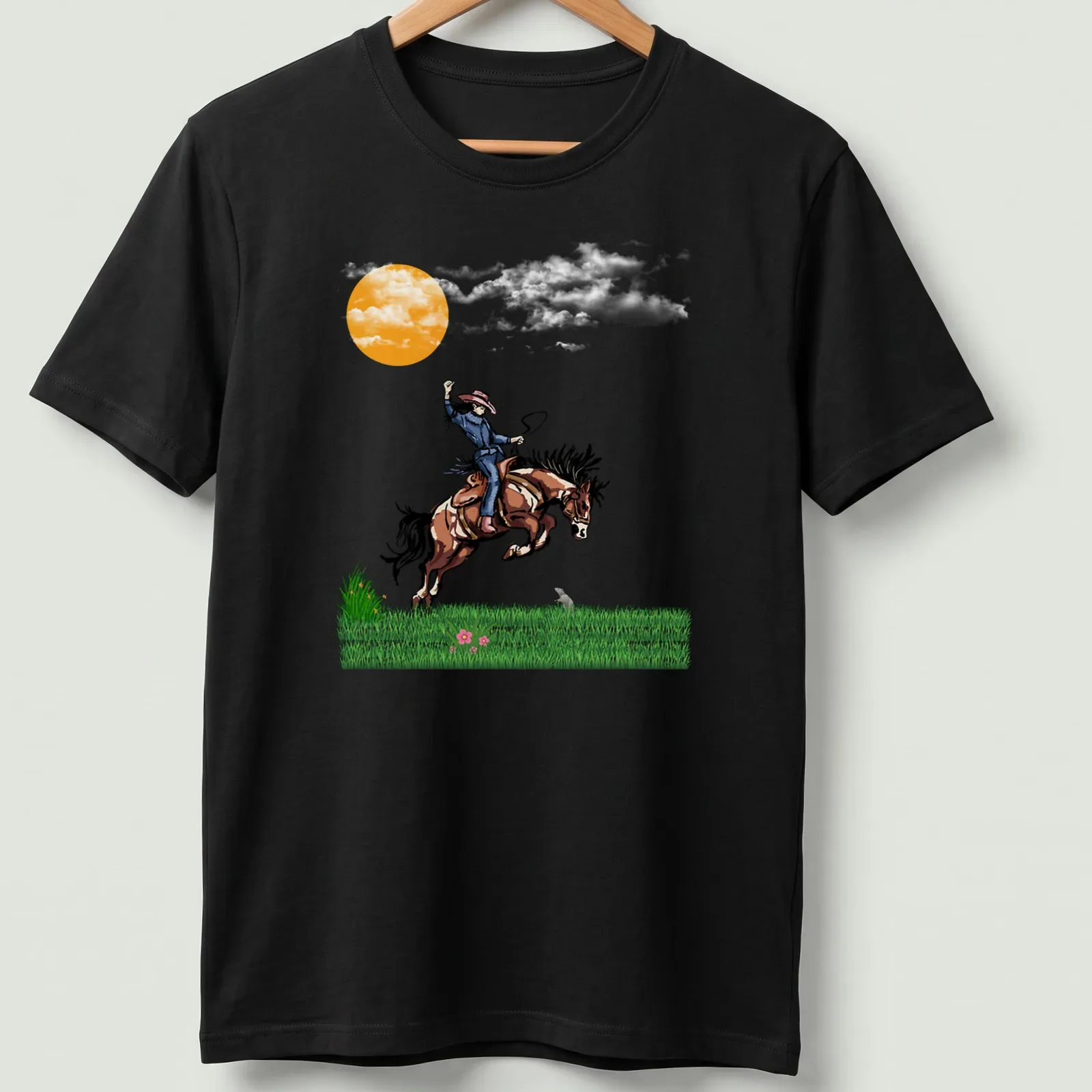 Vibrant illustration of a cowboy riding a horse at sunset with printed text 'Fight Or Flight' — printed on a unisex t-shirt