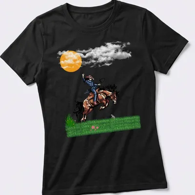 Vibrant illustration of a cowboy riding a horse at sunset with printed text 'Fight Or Flight' — printed on a women's shirt