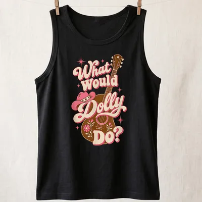 Vintage retro T-shirt with cowgirl illustration and text What Would Dolly Do? — printed on a tank top