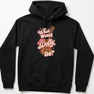 Vintage retro T-shirt with cowgirl illustration and text What Would Dolly Do? — printed on a unisex hoodie