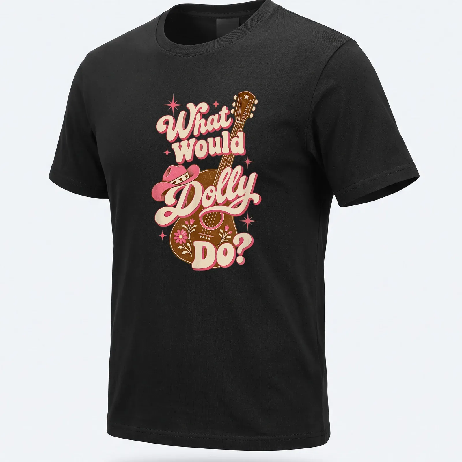 Vintage retro T-shirt with cowgirl illustration and text What Would Dolly Do? — printed on a unisex t-shirt