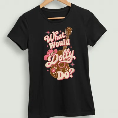 Vintage retro T-shirt with cowgirl illustration and text What Would Dolly Do? — printed on a women's shirt