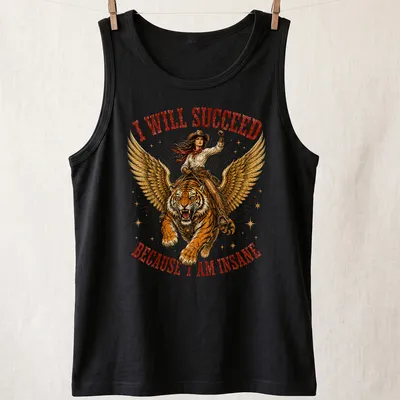 Illustration of a cowgirl riding a tiger with bold text about success above — printed on a tank top
