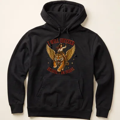 Illustration of a cowgirl riding a tiger with bold text about success above — printed on a unisex hoodie