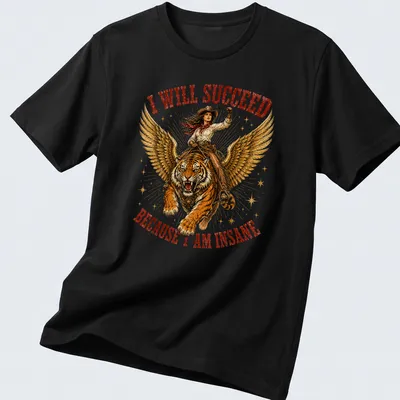 Illustration of a cowgirl riding a tiger with bold text about success above