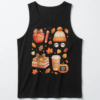 Kawaii watercolor design with books, pumpkin, coffee cup, and leaves — printed on a tank top