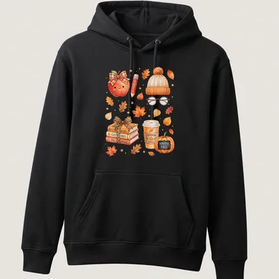 Kawaii watercolor design with books, pumpkin, coffee cup, and leaves — printed on a unisex hoodie