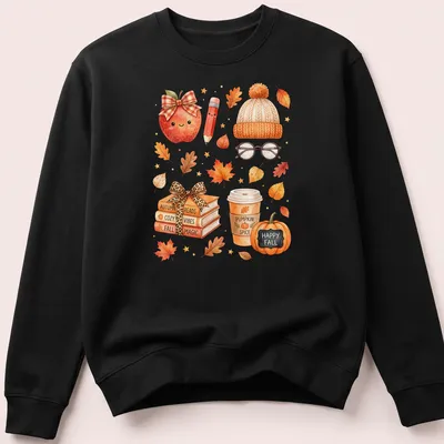 Kawaii watercolor design with books, pumpkin, coffee cup, and leaves — printed on a unisex sweatshirt