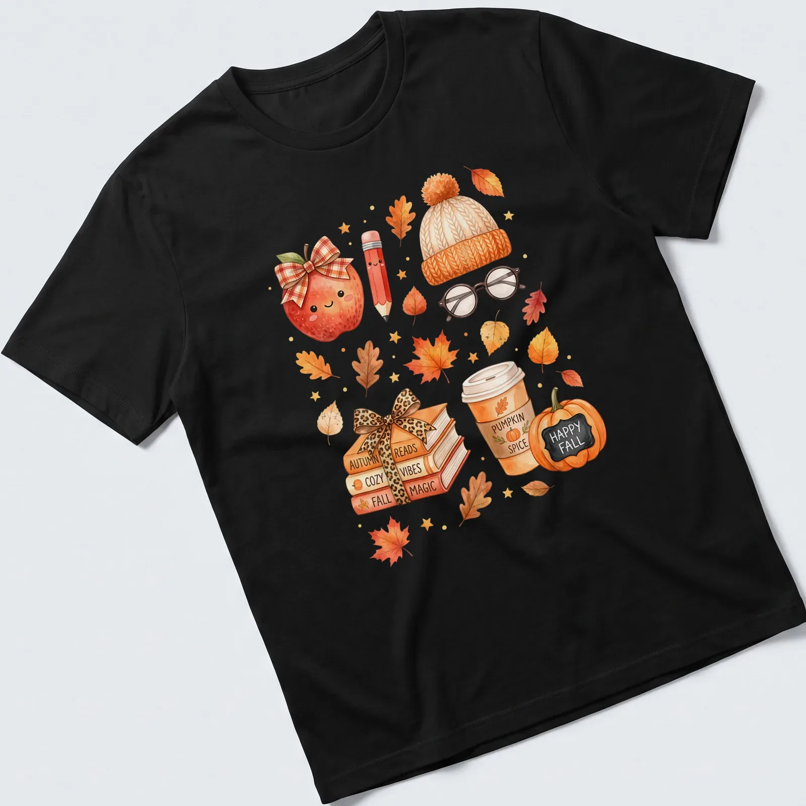 Kawaii watercolor design with books, pumpkin, coffee cup, and leaves — printed on a unisex t-shirt