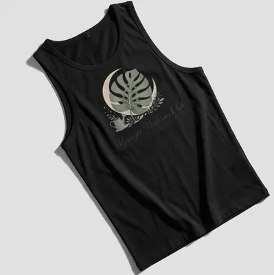 Midnight Watering Club shirt with a monstera leaf illustration in botanical style — printed on a tank top