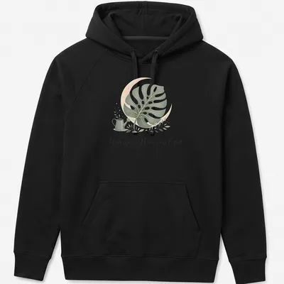 Midnight Watering Club shirt with a monstera leaf illustration in botanical style — printed on a unisex hoodie