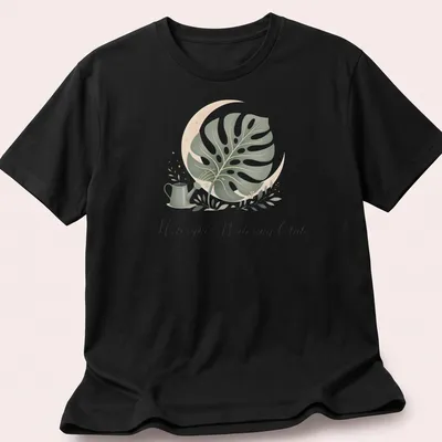 Midnight Watering Club shirt with a monstera leaf illustration in botanical style — printed on a unisex t-shirt