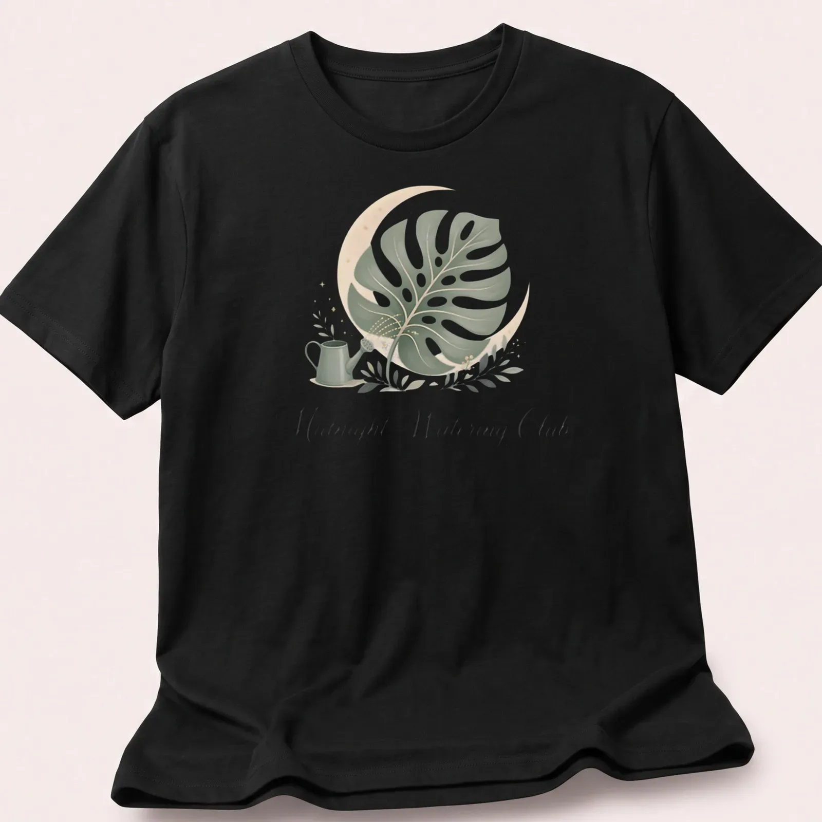 Midnight Watering Club shirt with a monstera leaf illustration in botanical style — printed on a unisex t-shirt