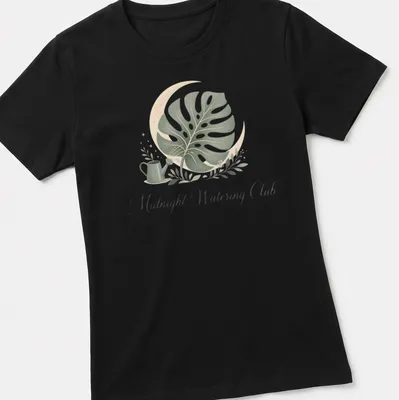 Midnight Watering Club shirt with a monstera leaf illustration in botanical style — printed on a women's shirt