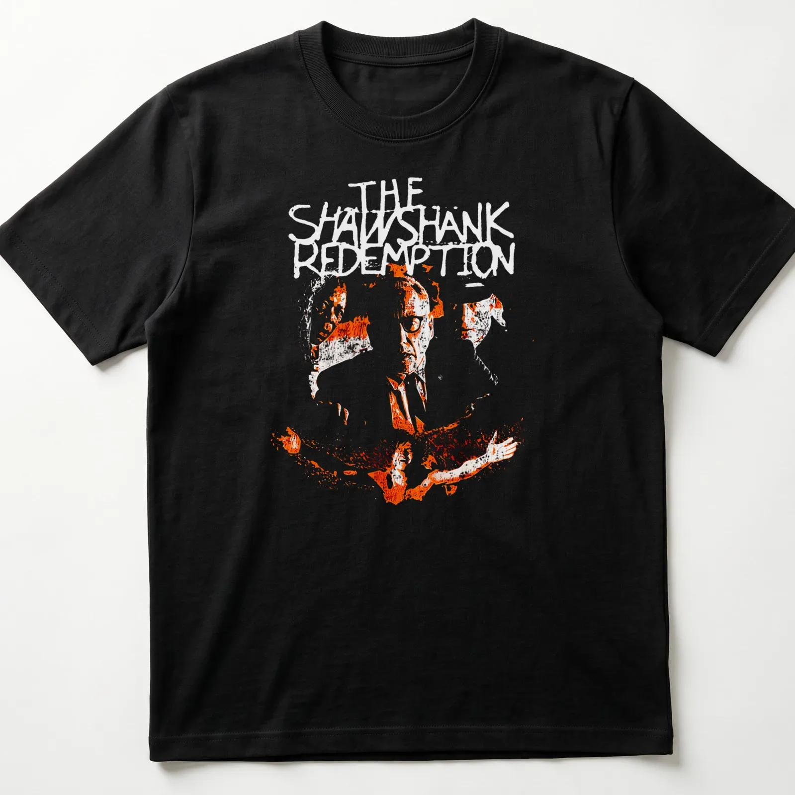 Boxy silhouette design featuring crime drama faces and the words THE SATANIC in white on orange — printed on a unisex t-shirt