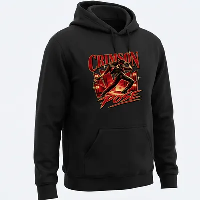 Vintage concert performer t-shirt with red and black graphic text — printed on a unisex hoodie