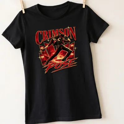 Vintage concert performer t-shirt with red and black graphic text — printed on a women's shirt