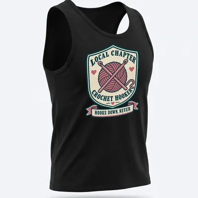 Vintage badge-style t-shirt with crochet hooks and humorous text about crocheting — printed on a tank top