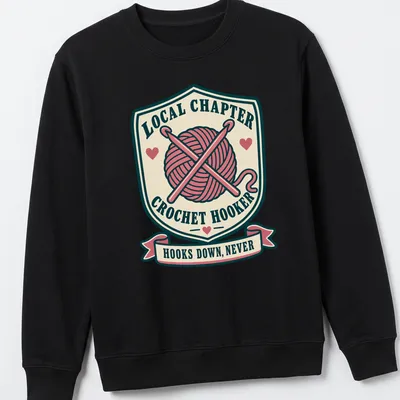 Vintage badge-style t-shirt with crochet hooks and humorous text about crocheting — printed on a unisex sweatshirt