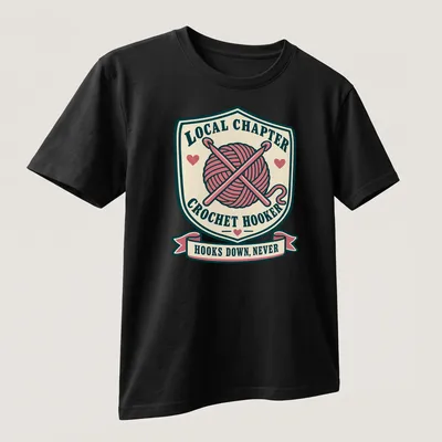 Vintage badge-style t-shirt with crochet hooks and humorous text about crocheting — printed on a unisex t-shirt (angled view)