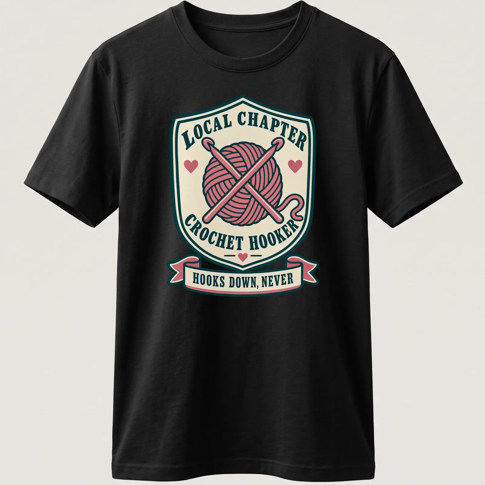 Vintage badge-style t-shirt with crochet hooks and humorous text about crocheting — printed on a unisex t-shirt