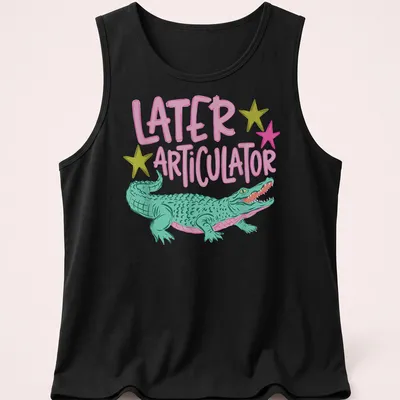 Cartoon crocodile with text 'Later Articulator' in bright colors — printed on a tank top