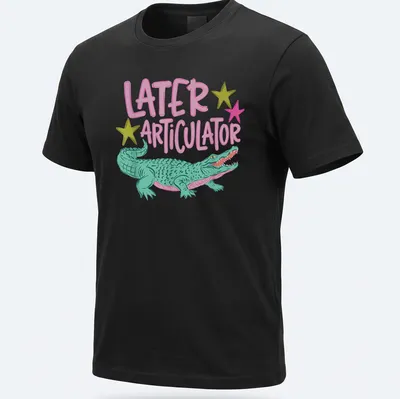 Cartoon crocodile with text 'Later Articulator' in bright colors