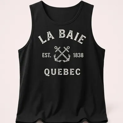 Vintage t-shirt featuring crossed boat anchors and La Baie, Quebec, established 1838 text. — printed on a tank top