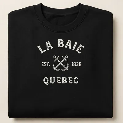 Vintage t-shirt featuring crossed boat anchors and La Baie, Quebec, established 1838 text. — printed on a unisex sweatshirt