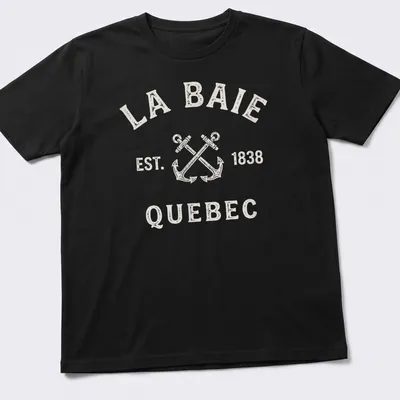 Vintage t-shirt featuring crossed boat anchors and La Baie, Quebec, established 1838 text. — printed on a unisex t-shirt