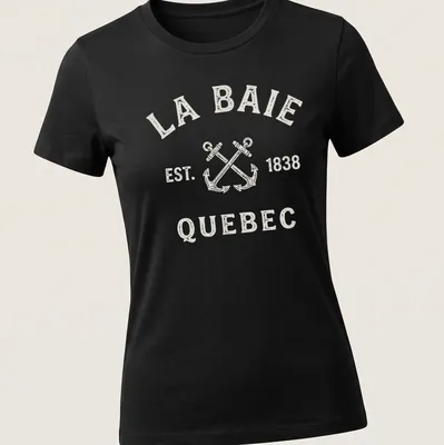 Vintage t-shirt featuring crossed boat anchors and La Baie, Quebec, established 1838 text. — printed on a women's shirt