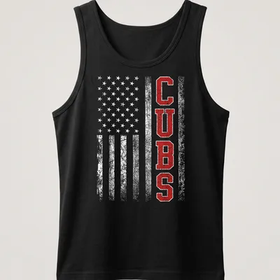 Vintage distressed Cubs T-shirt in red, white, and gray with bold lettering — printed on a tank top