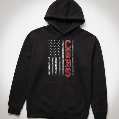 Vintage distressed Cubs T-shirt in red, white, and gray with bold lettering — printed on a unisex hoodie