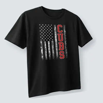 Vintage distressed Cubs T-shirt in red, white, and gray with bold lettering — printed on a unisex t-shirt (angled view)