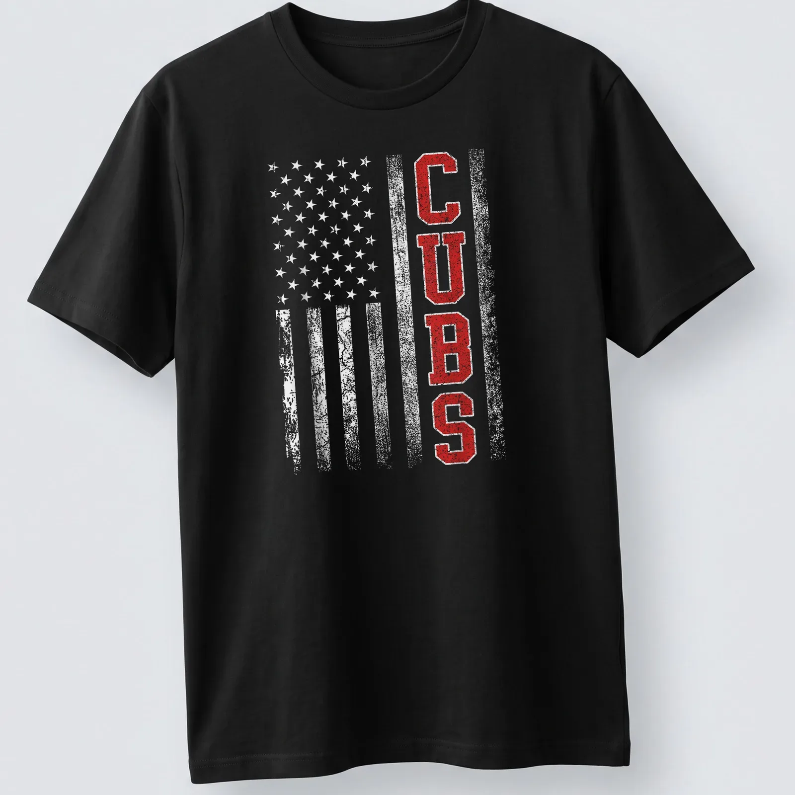 Vintage distressed Cubs T-shirt in red, white, and gray with bold lettering — printed on a unisex t-shirt