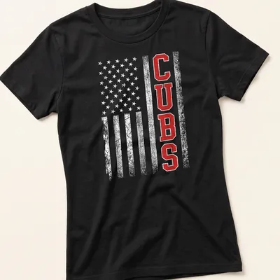 Vintage distressed Cubs T-shirt in red, white, and gray with bold lettering — printed on a women's shirt