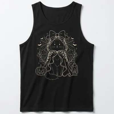 Kawaii line-art of a cute black cat in a witch cape holding a pumpkin lantern — printed on a tank top