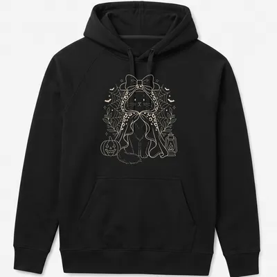 Kawaii line-art of a cute black cat in a witch cape holding a pumpkin lantern — printed on a unisex hoodie