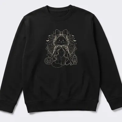 Kawaii line-art of a cute black cat in a witch cape holding a pumpkin lantern — printed on a unisex sweatshirt