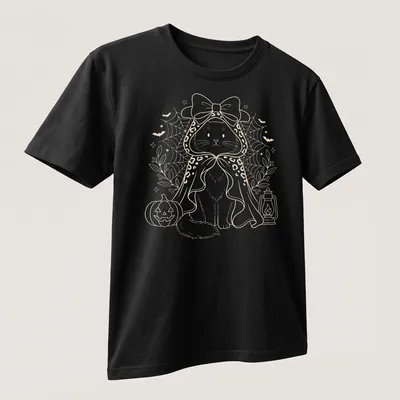Kawaii line-art of a cute black cat in a witch cape holding a pumpkin lantern — printed on a unisex t-shirt (angled view)