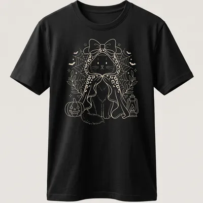 Kawaii line-art of a cute black cat in a witch cape holding a pumpkin lantern — printed on a unisex t-shirt