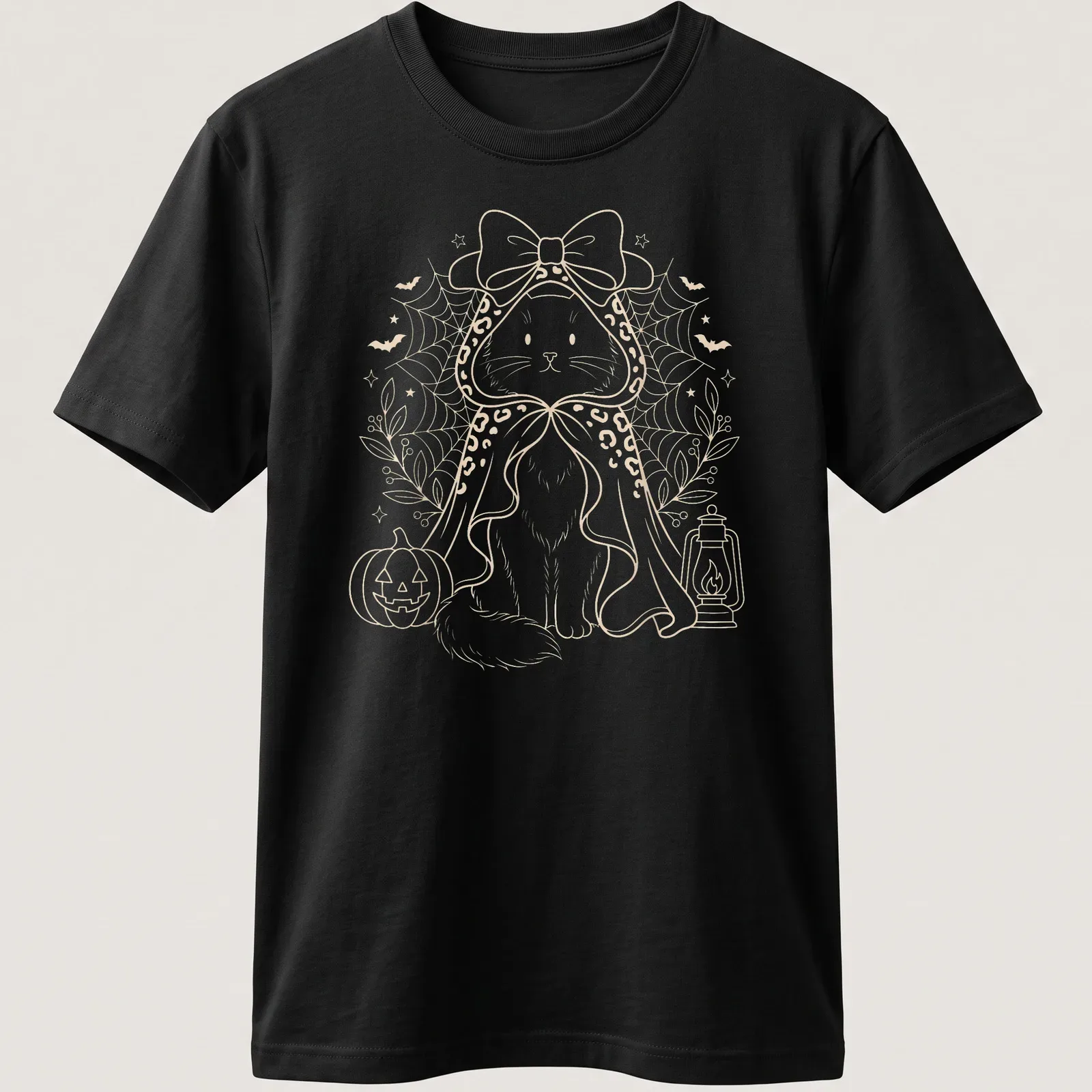 Kawaii line-art of a cute black cat in a witch cape holding a pumpkin lantern — printed on a unisex t-shirt